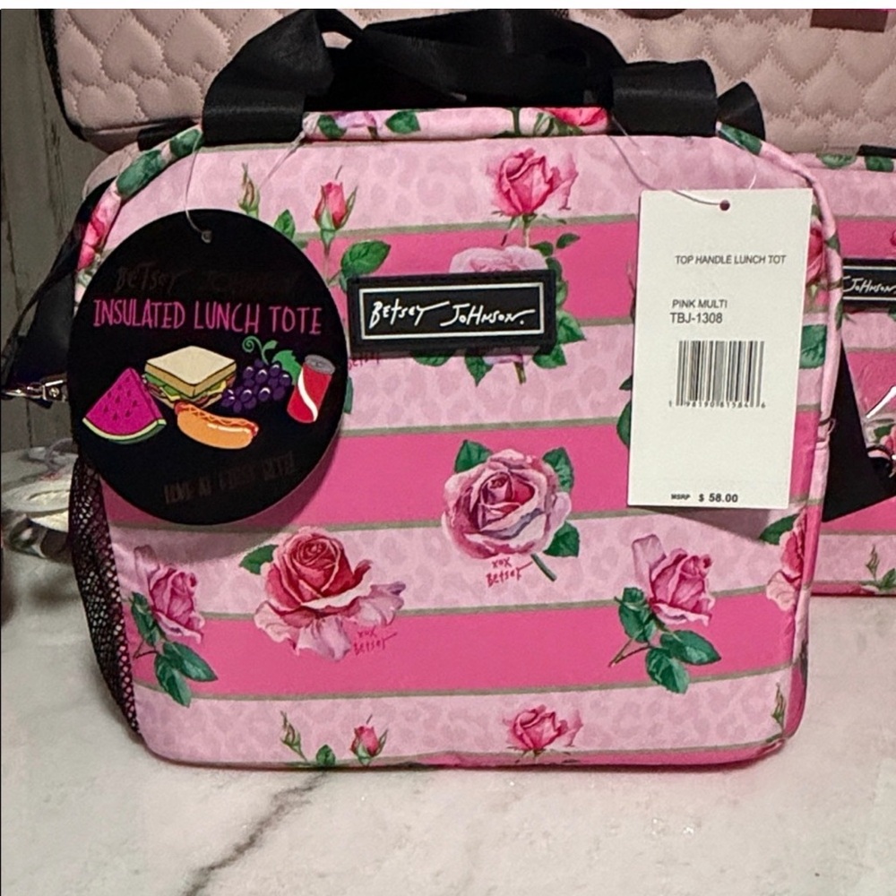 Betsey Johnson Pink Rose-Striped Insulated Lunch Tote with crossbody strap NWT